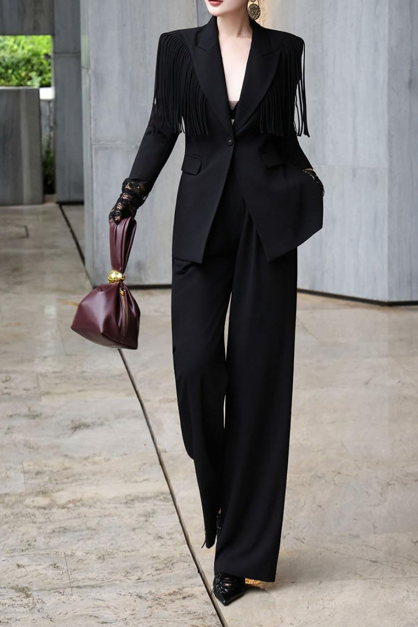 structured blazer suit with statement fringe – RAVEN