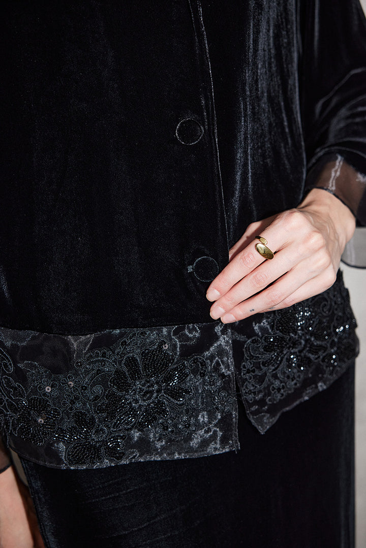 velvet button-front jacket with sheer lace hem – SUMMR