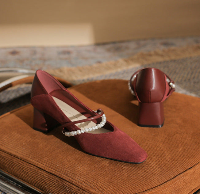 block heel pumps with pearl strap detail – NERINANDA