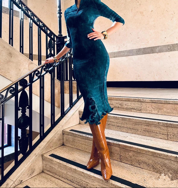 Geplooide top met uitlopende mouwen en maxi-rok set met tailleband – Rosiny 