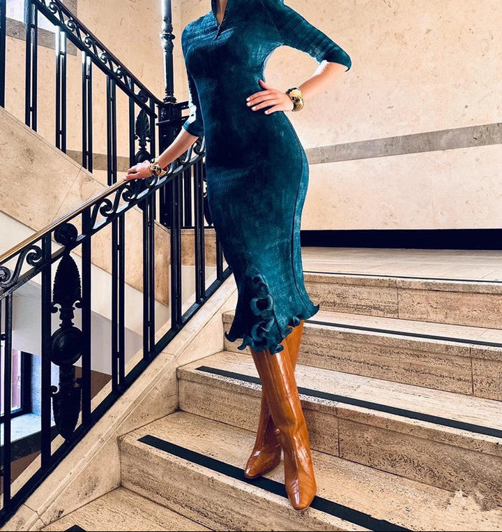 Geplooide top met uitlopende mouwen en maxi-rok set met tailleband – Rosiny 