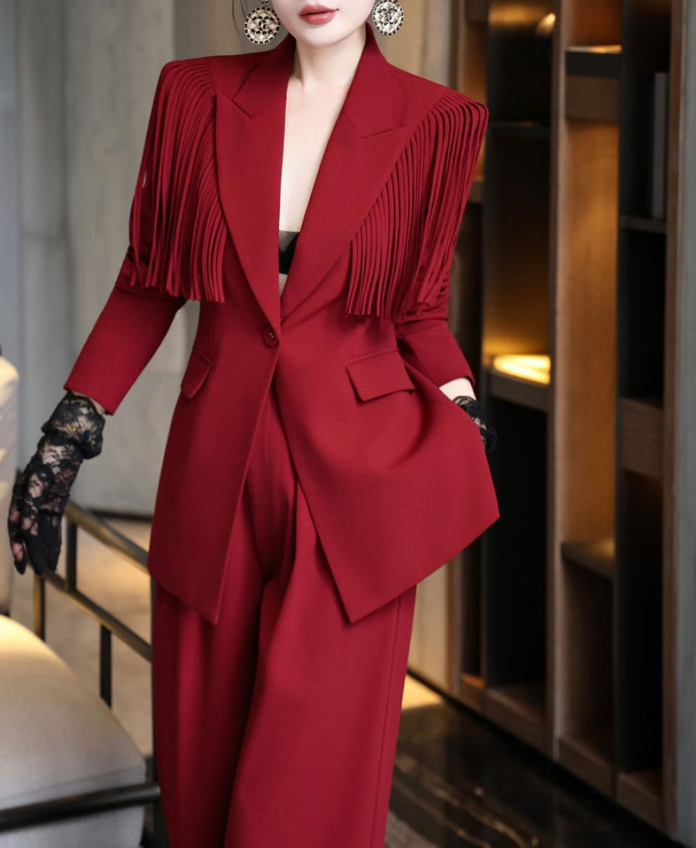 structured blazer suit with statement fringe – RAVEN