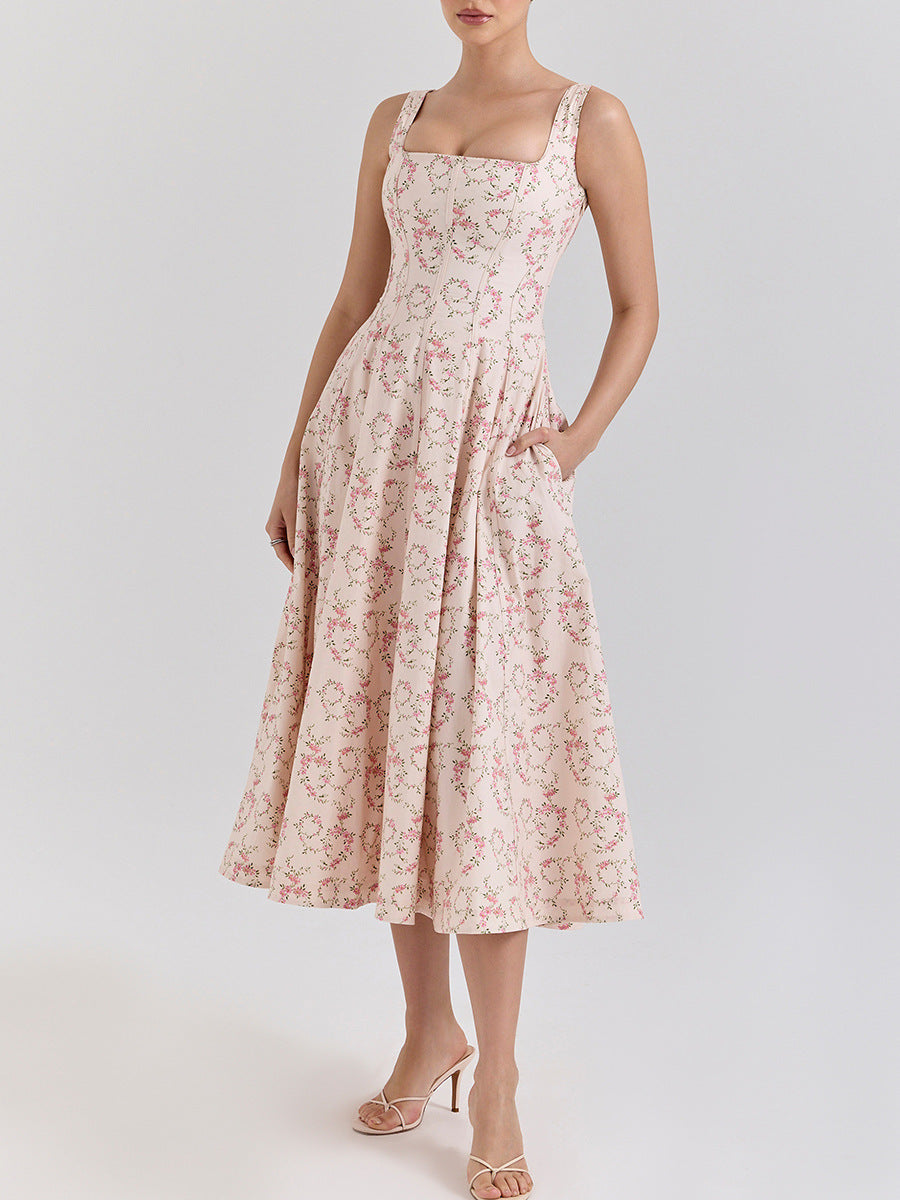 فستان واسع بطبعة زهور بدون أكمام – روزاليك