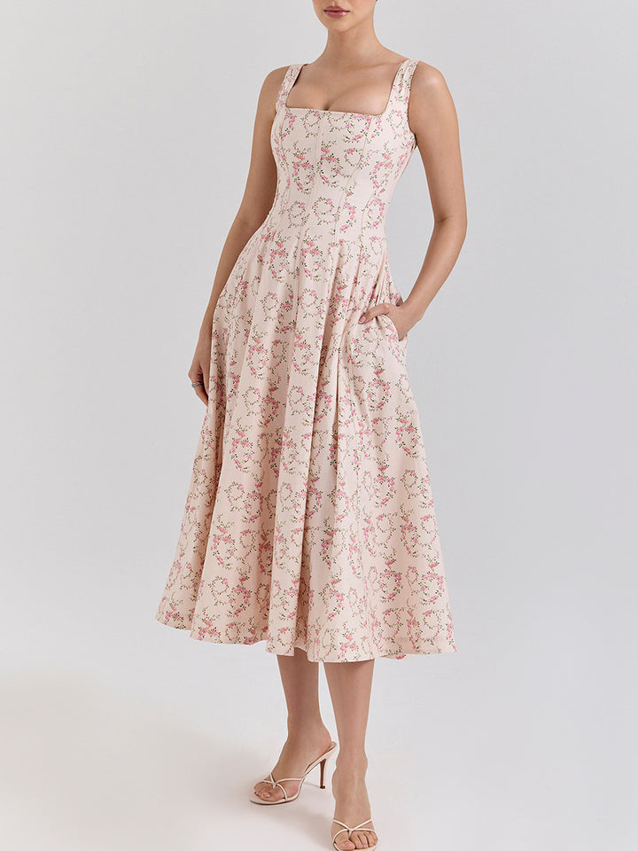 فستان واسع بطبعة زهور بدون أكمام – روزاليك