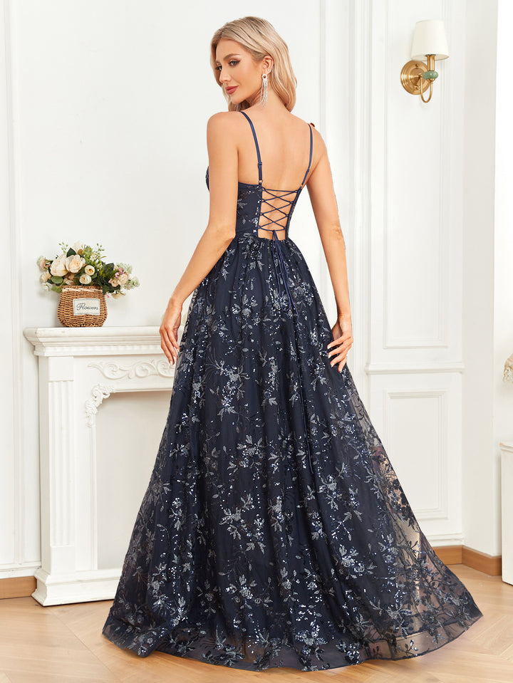 floral embroidered gown with illusion neckline – STARRY