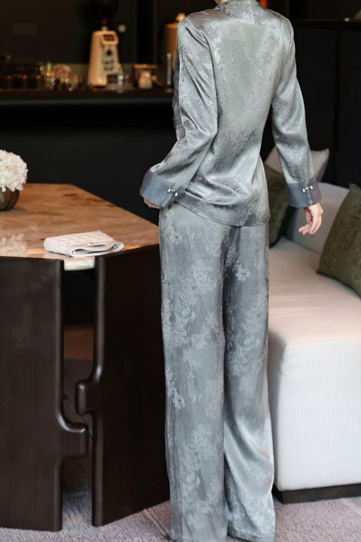 jacquard wrap blazer with wide-leg satin trousers – SERAPHINE