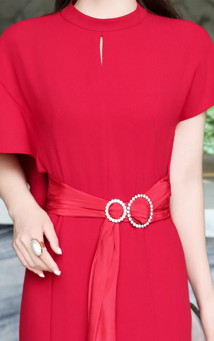 elegant flutter-sleeve maxi dress with draped belt – DARIA