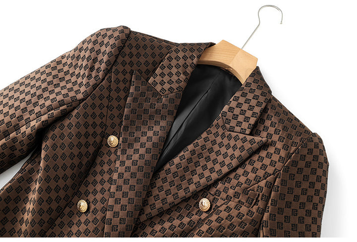 Monogram jacquard double-breasted blazer with gold buttons – BRONZE