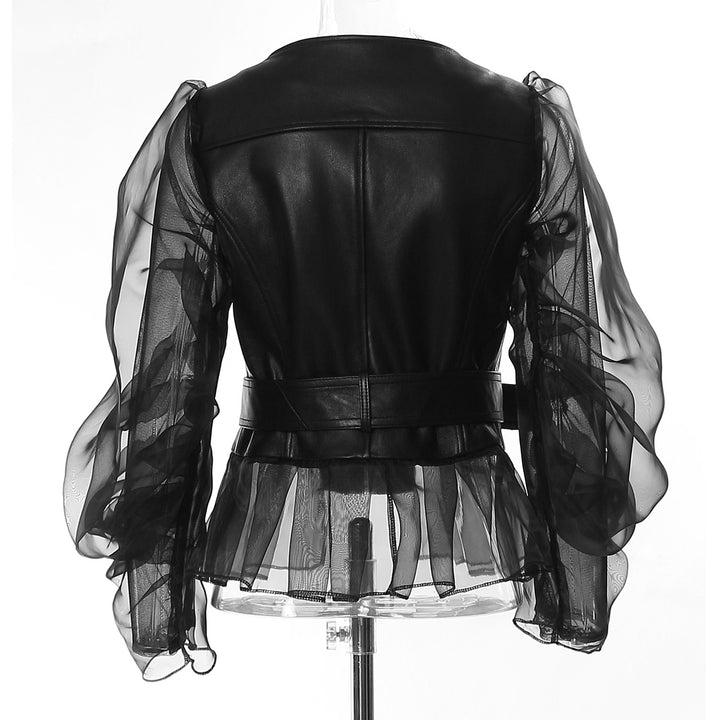 Belted faux-leather jacket with sheer puff sleeves – VERA