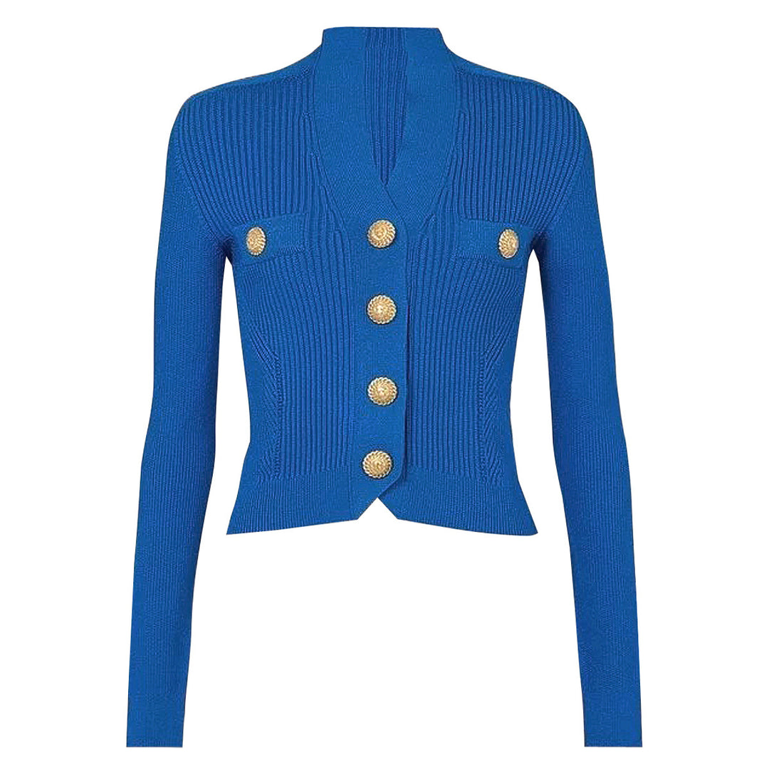 بلوزة بليزر محبوكة مضلعة مع أزرار ذهبية – سيريناب