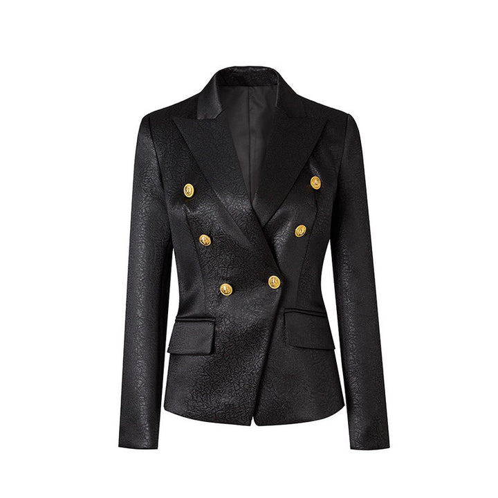 textured double-breasted blazer with gold crest buttons – EMPRESS
