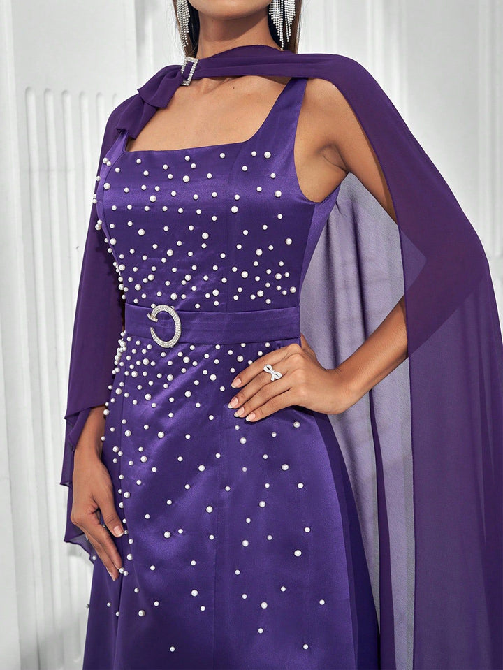 sleeveless gown with pearl embellishments and cape – VROLENTA