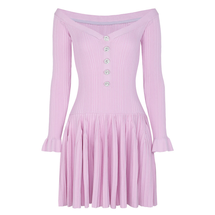 off-shoulder pleated mini dress with button detail – ELARANZI