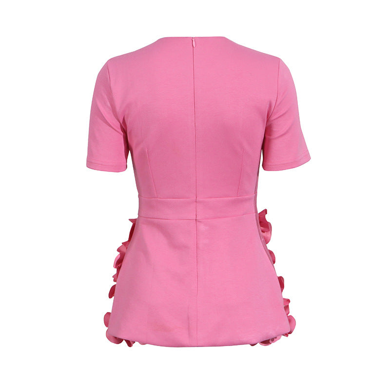 short-sleeve peplum suit with 3D floral appliqués – BLOOMIV