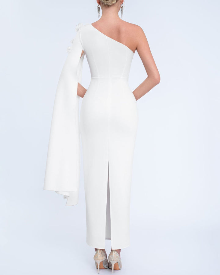 one-shoulder column dress with floral appliqué cape – AURELIATU