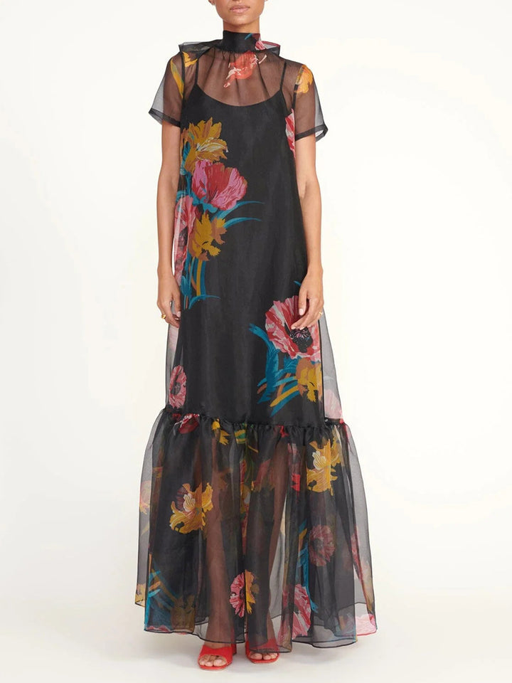 sheer floral maxi dress with ruffled hem – VIVIENIL