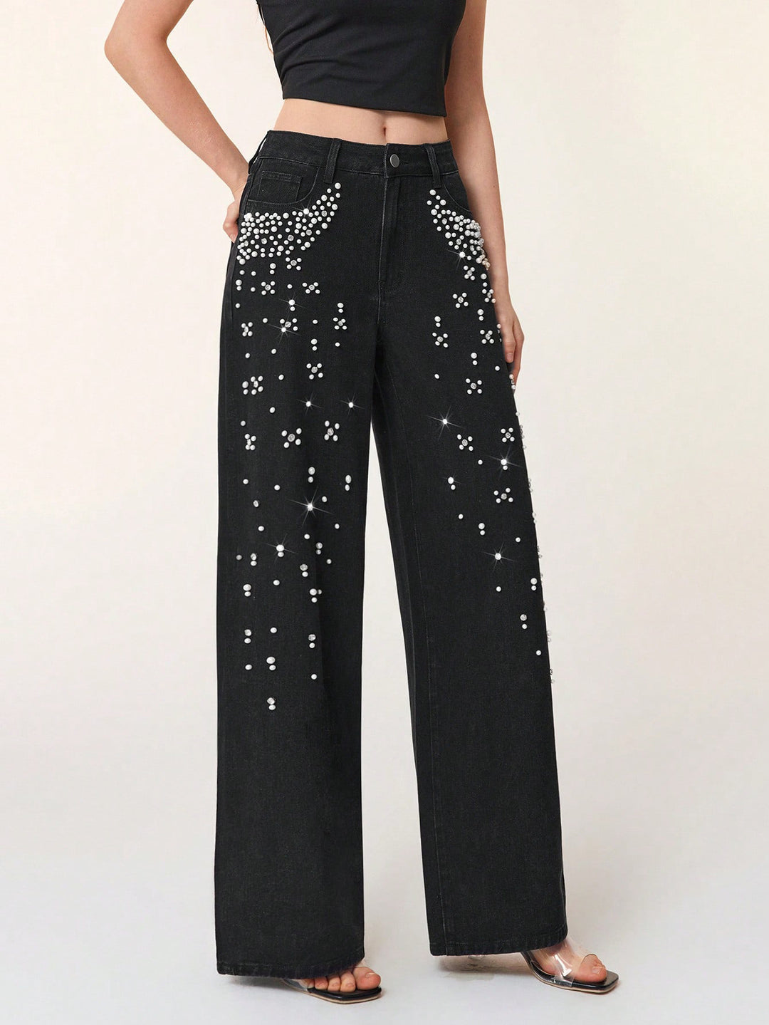 wide-leg black denim pants with pearl embellishment – AURA