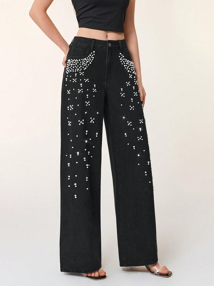 wide-leg black denim pants with pearl embellishment – AURA