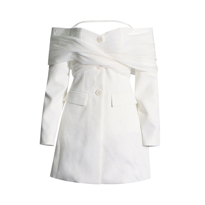 off-shoulder tailored mini blazer dress with tulle wrap – AURORA