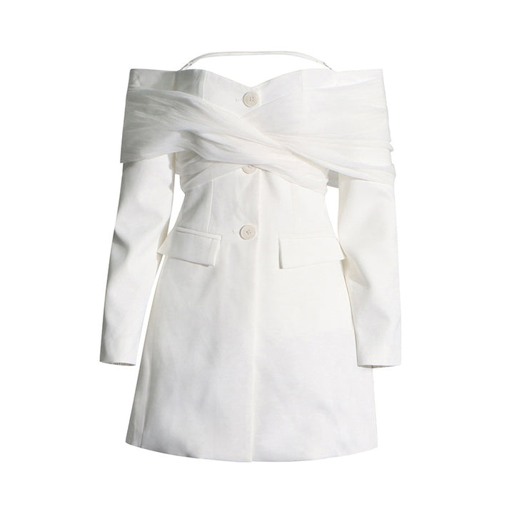 off-shoulder tailored mini blazer dress with tulle wrap – AURORA