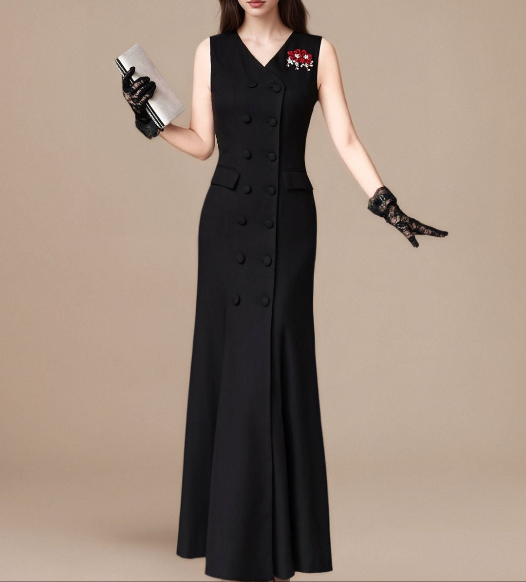 sleeveless double-breasted gown with floral brooch – NOIRÉ