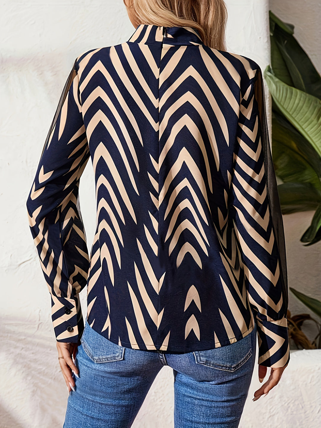 sheer high-neck geometric print blouse – ZARAIA