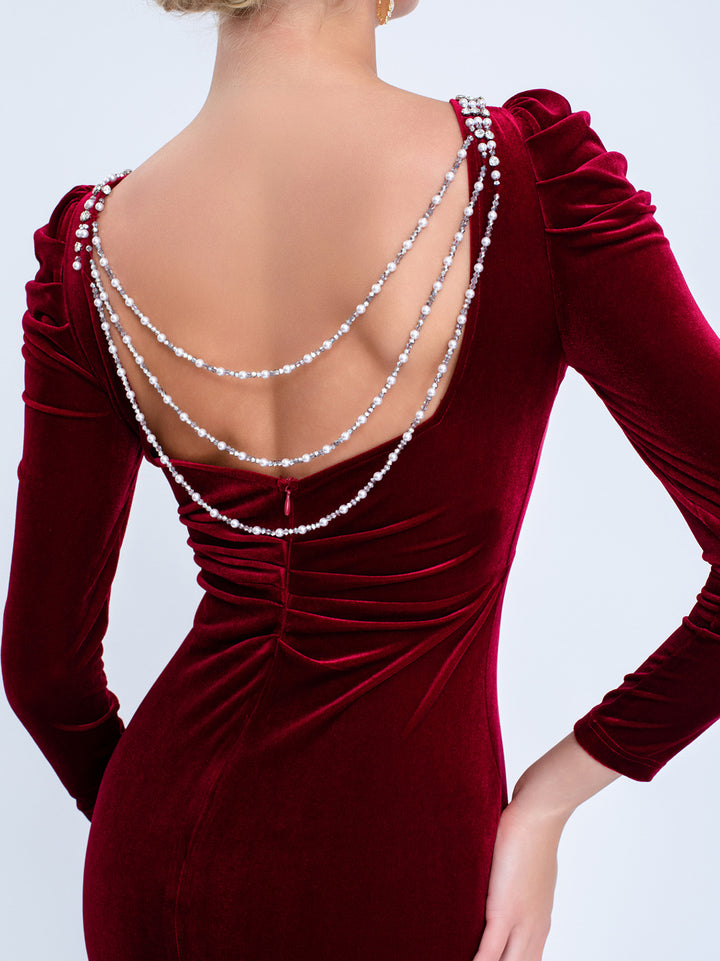 فستان مخملي بأكمام طويلة ورقبة مزينة – مارسيلان