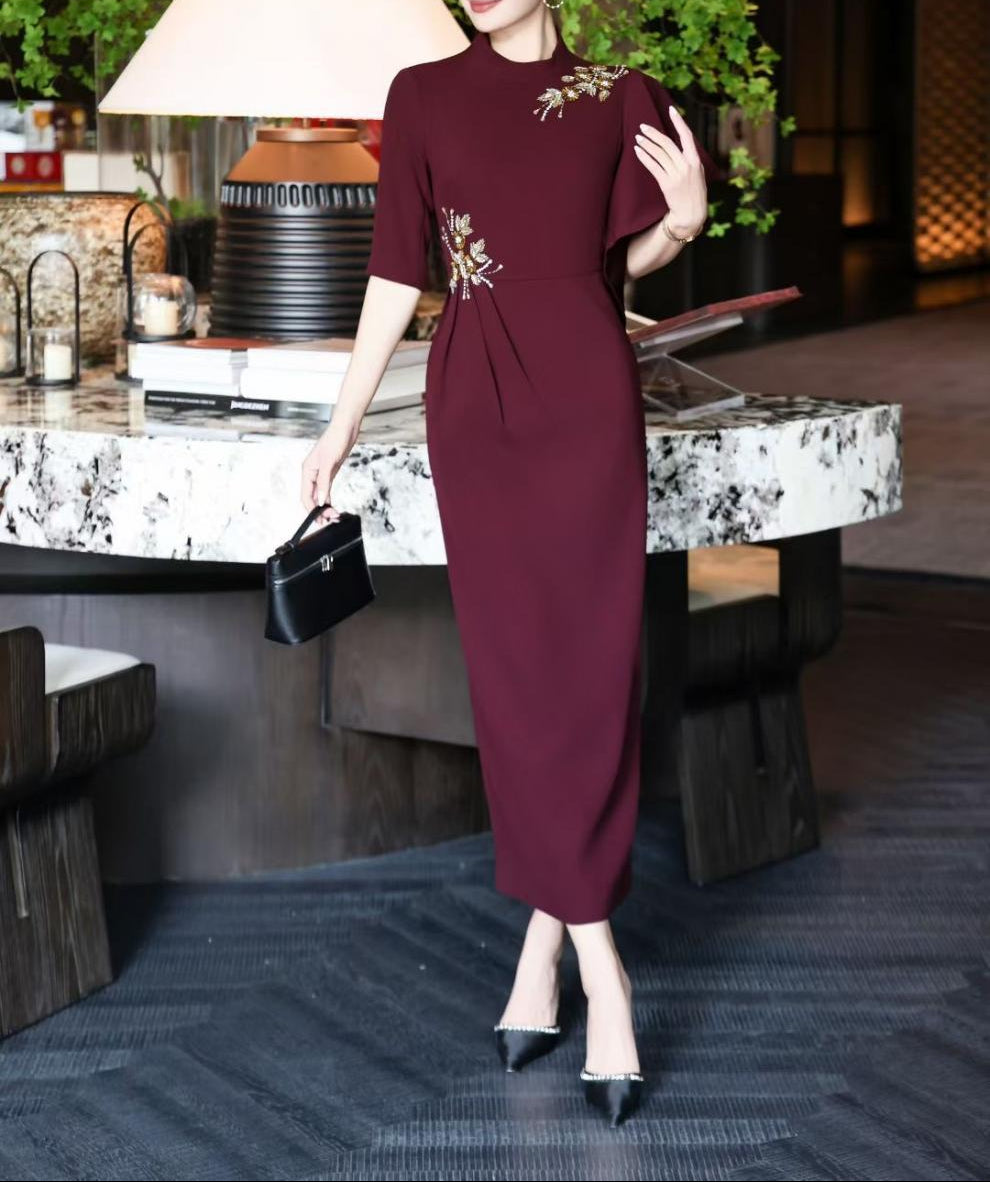 asymmetric sleeve gown with gold floral embellishments – RIVERA