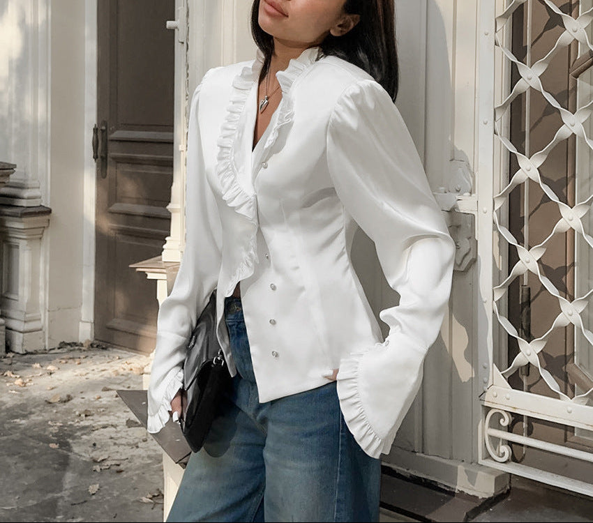 asymmetrical ruffle-front satin blouse – REGALIA