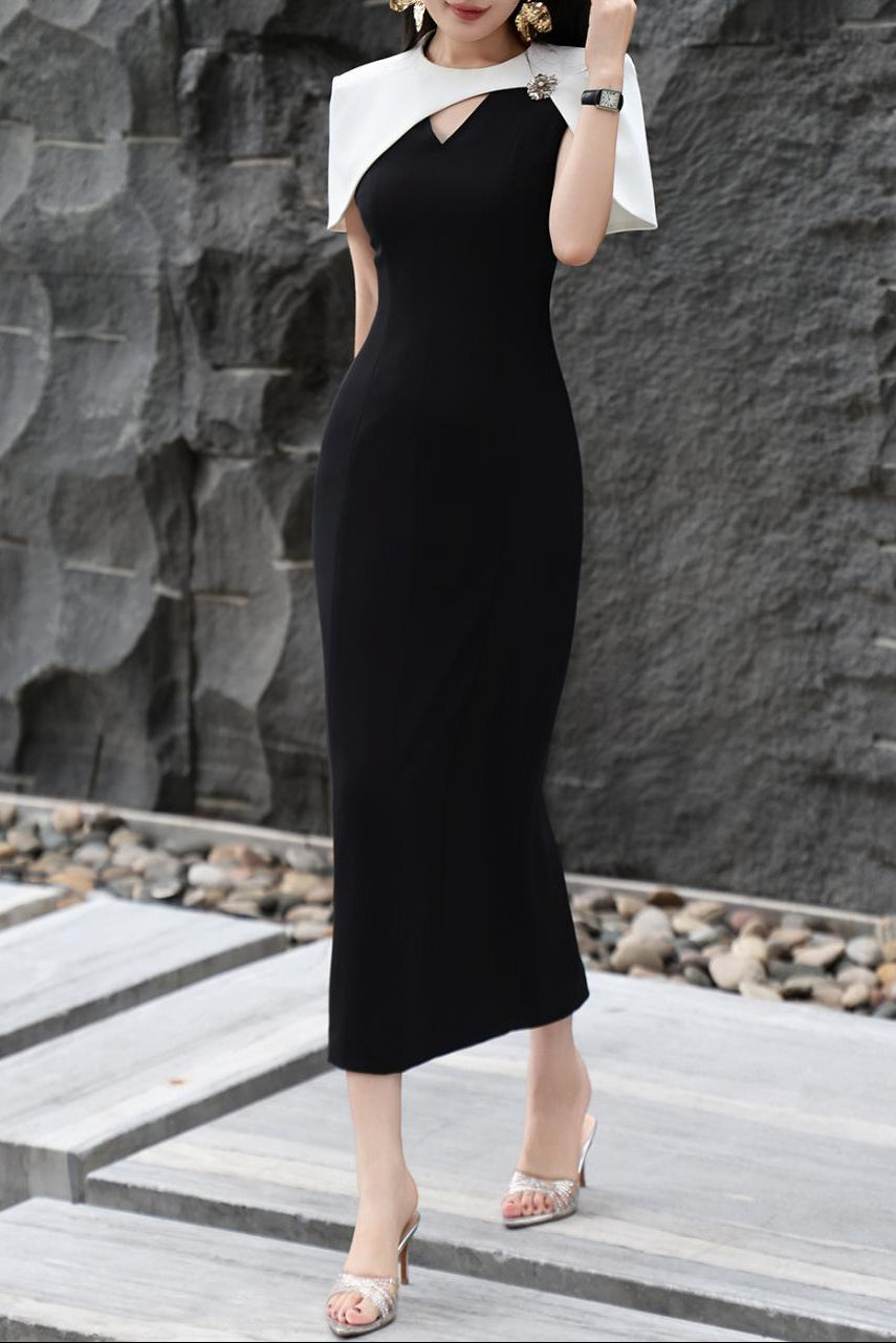 column dress with contrast cape overlay – NOIRÉ