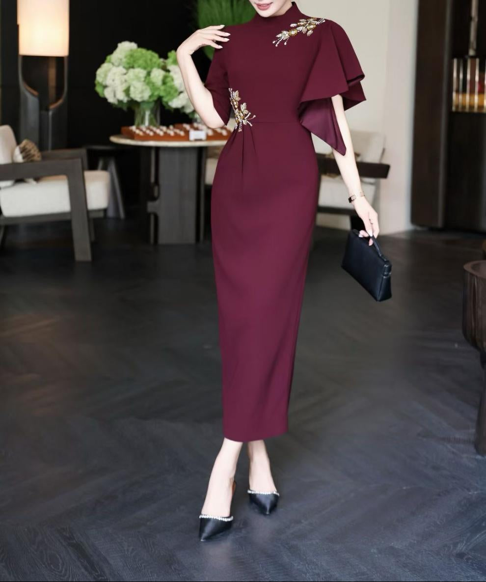 asymmetric sleeve gown with gold floral embellishments – RIVERA