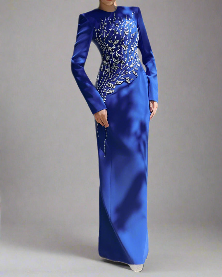 long-sleeve column gown with sequin branch embroidery – AUROZLI