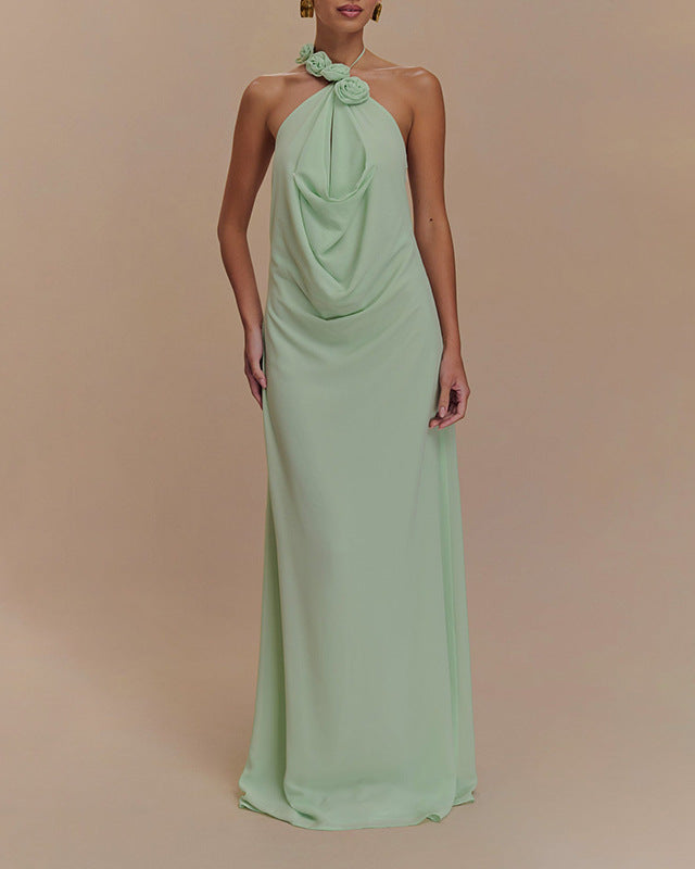 halter neck draped gown with floral detail – AMARAWTI