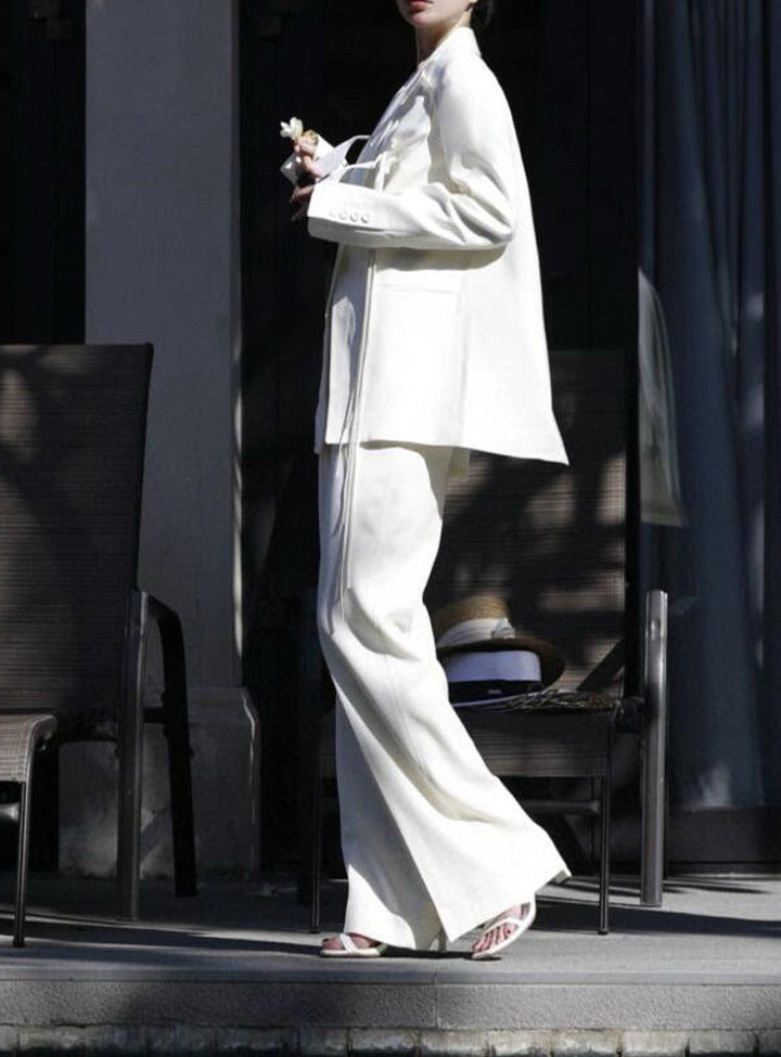 draped satin-detail blazer with wide-leg trousers – LUMIERA