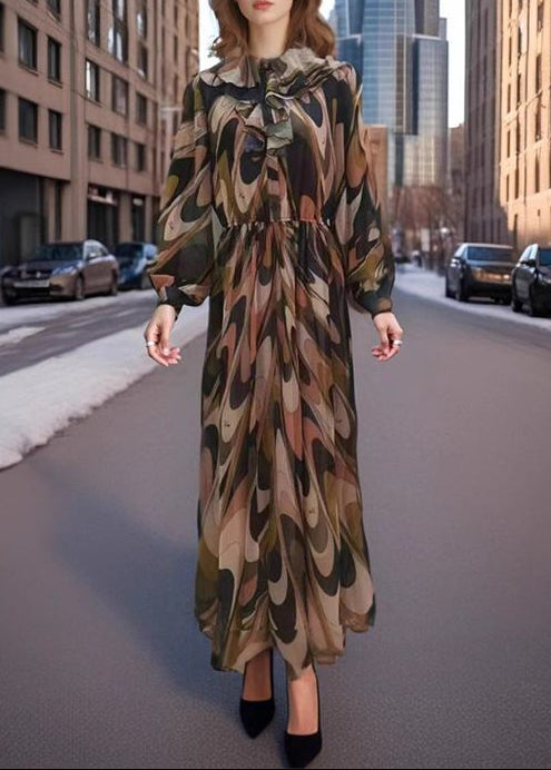 فستان ماكسي شيفون مطبوع مع رقبة مكشكشة – إيلورا