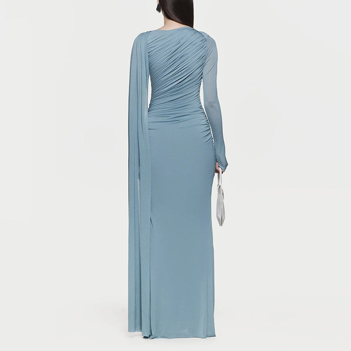 Asymmetric draped long-sleeve gown – BLUSHIA
