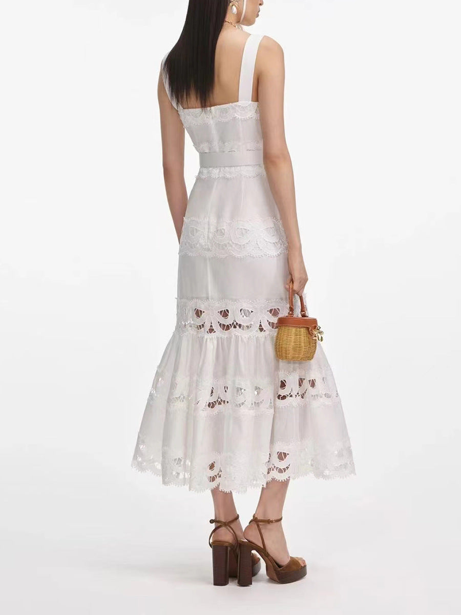 sleeveless lace-panel midi dress with belted waist – CELITERDU