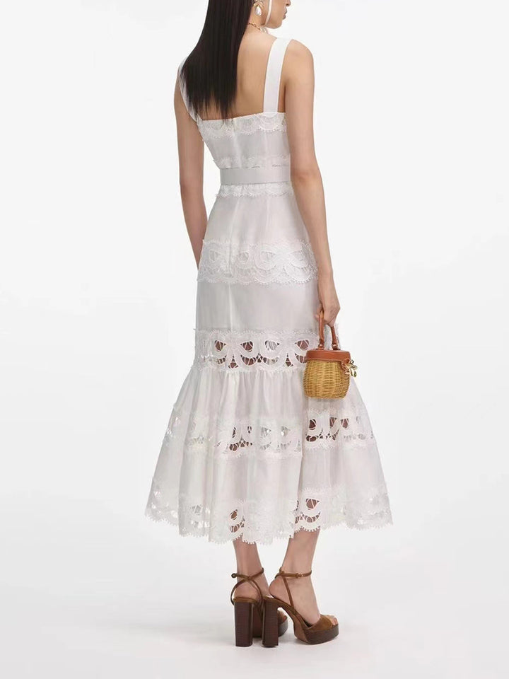 sleeveless lace-panel midi dress with belted waist – CELITERDU