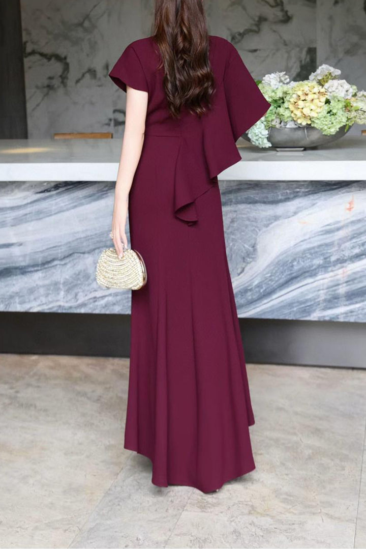 elegant flutter-sleeve maxi dress with draped belt – DARIA