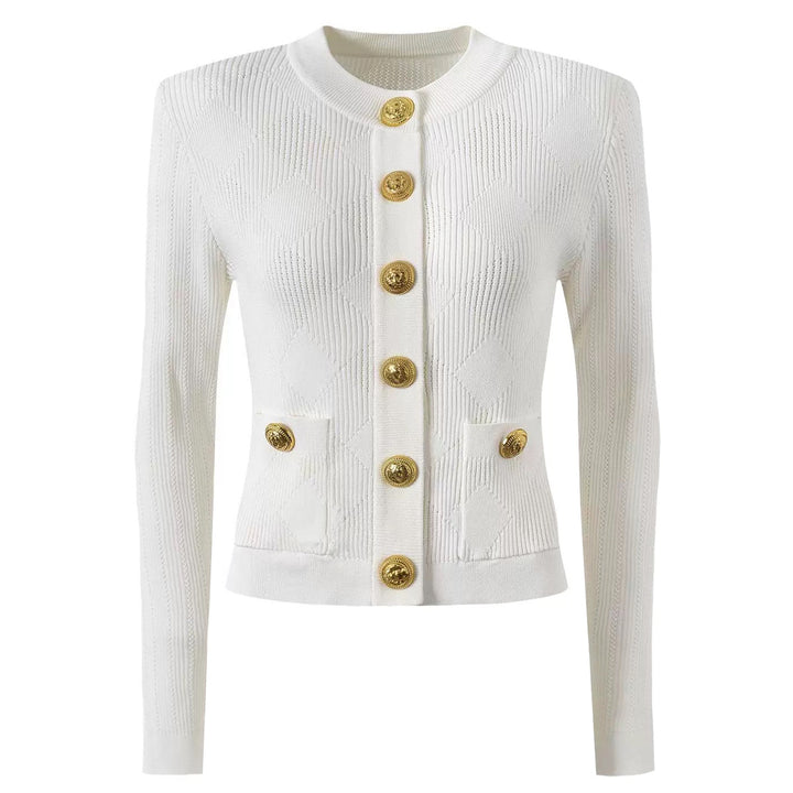 three-piece knit set with gold button detailing – ATHENAZI