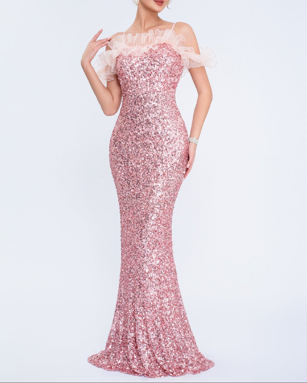 off-shoulder sequin gown with ruffled neckline – SERERAL