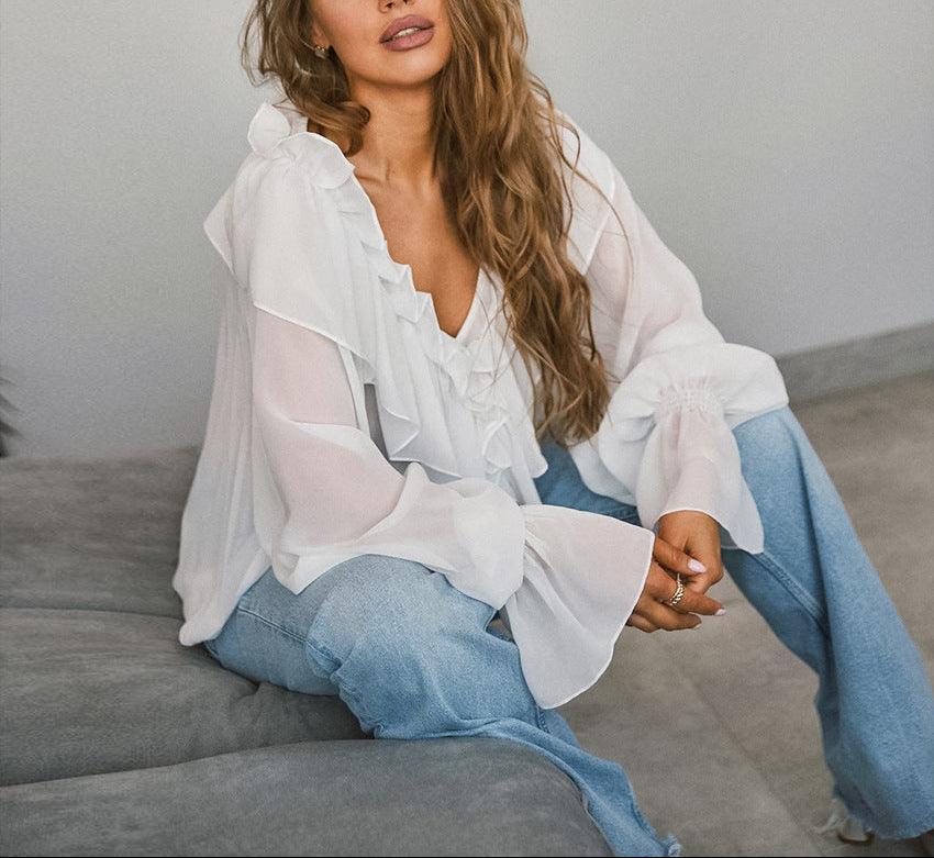 chiffon blouse with cascading ruffle neckline – SERENE