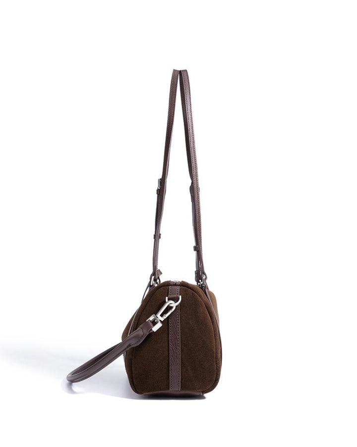 suede shoulder bag with leather trim and lock charm – ALBALI