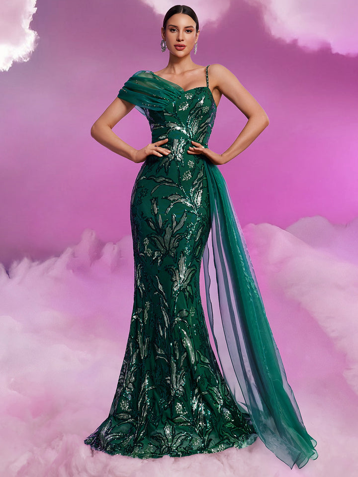 فستان حورية البحر مطرز بكتف واحد مع ثنيات من الشيفون - حلم