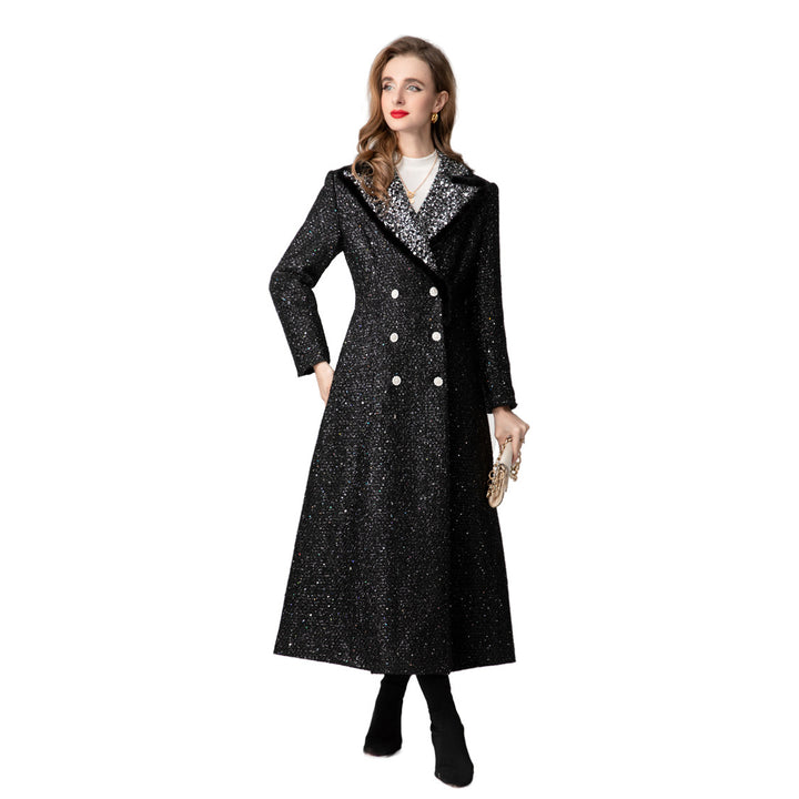 فستان معطف لامع مزدوج الصدر مع ياقة متباينة – نوار إيكلات