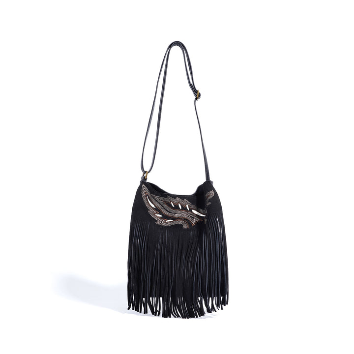 fringed suede shoulder bag with boho details - ZARAXWI