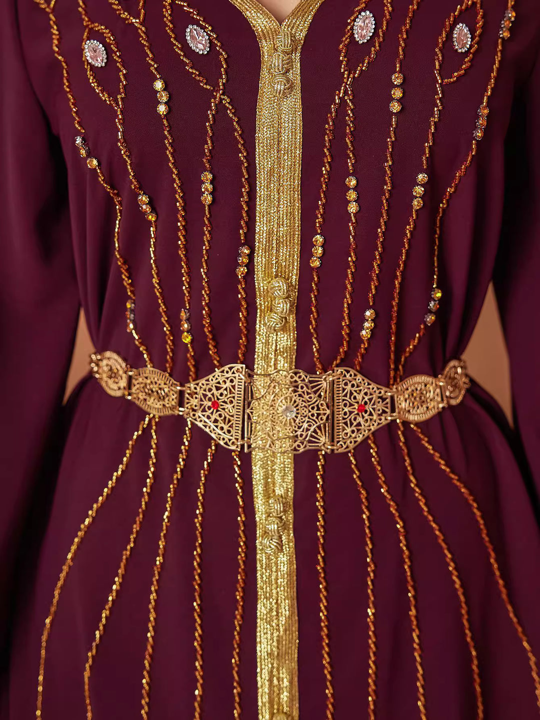 long sleeve kaftan dress with gold embroidered belt - AMAROKA