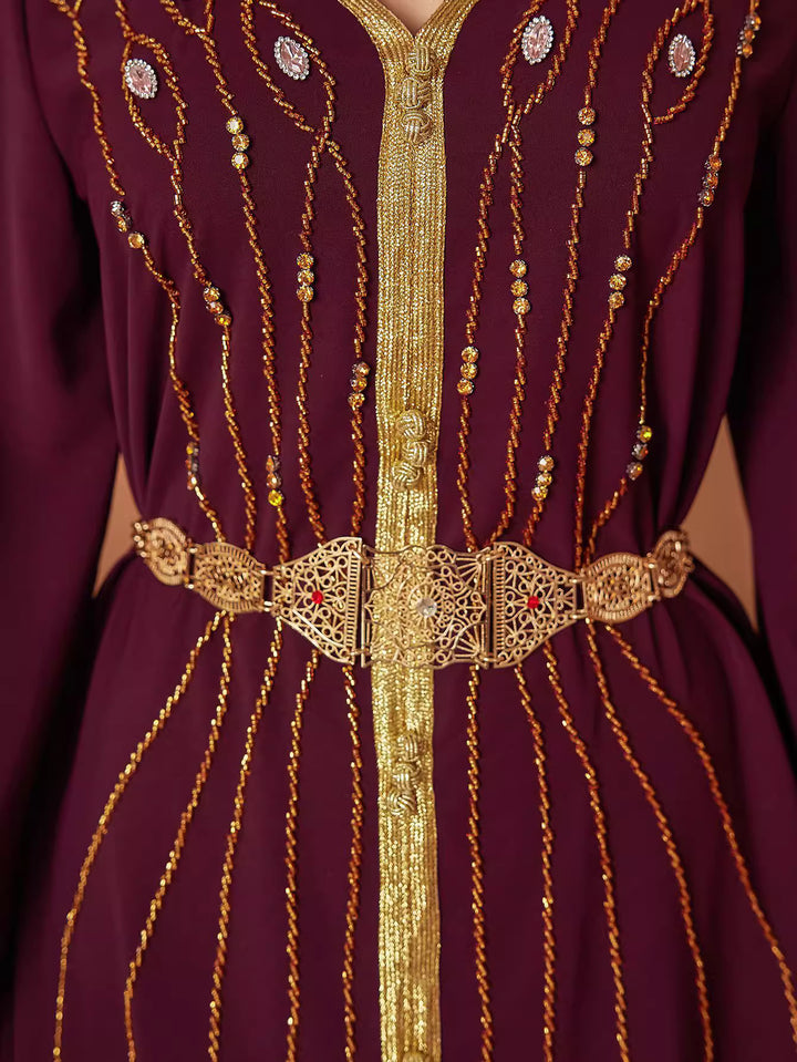 long sleeve kaftan dress with gold embroidered belt - AMAROKA