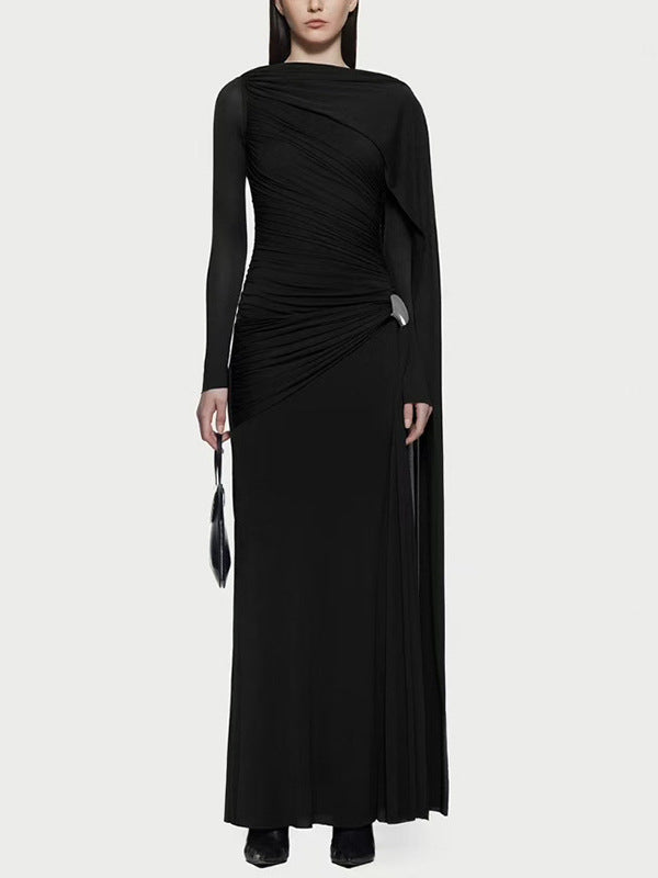 Asymmetric draped long-sleeve gown – BLUSHIA