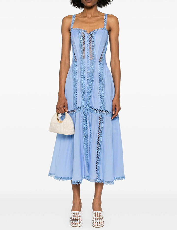 sleeveless lace-trimmed midi dress with corset bodice – NORIZA